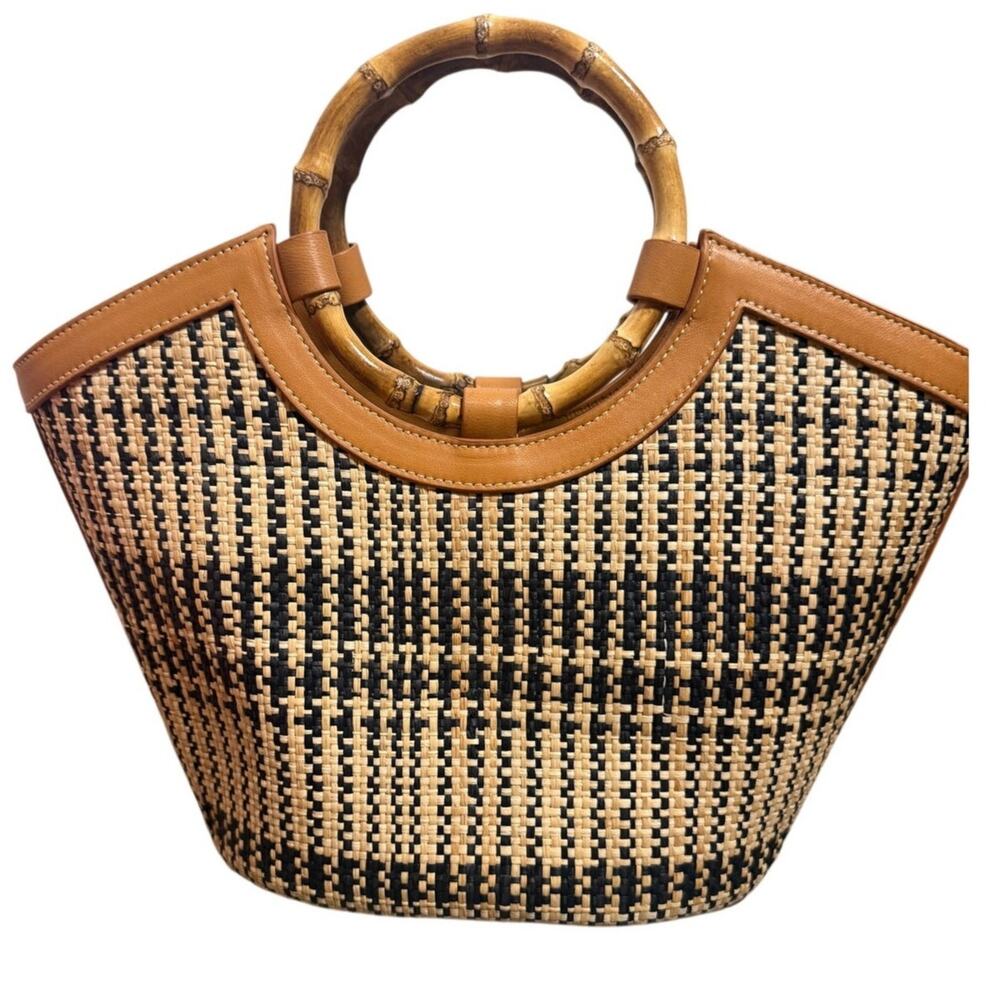 J. McLaughlin Wicker Black and Tan Bag with Bamboo Handles